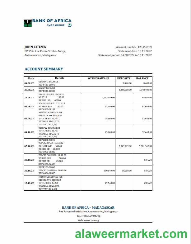 Madagascar Bank of Africa bank statement Excel and PDF template